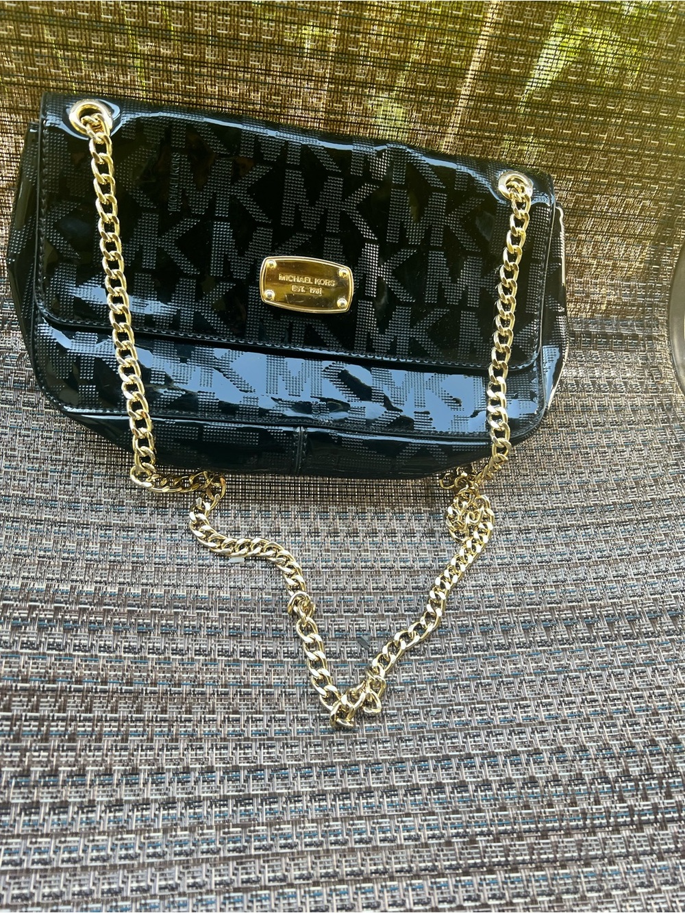 Michael Kors Black Patent MK Logo Shoulder Bag with Gold Chain